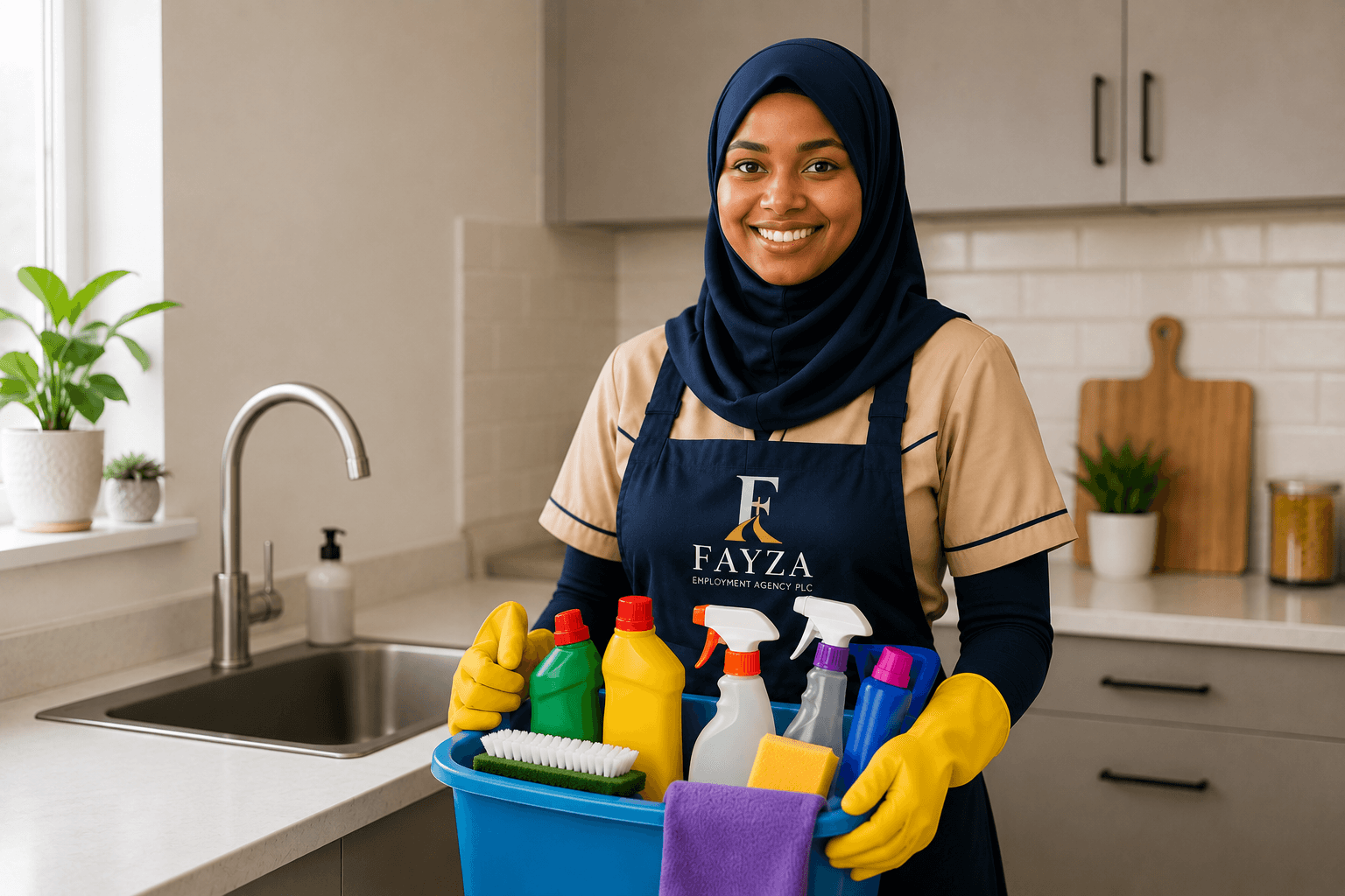 Fayza domestic worker prepared with professional home-cleaning supplies