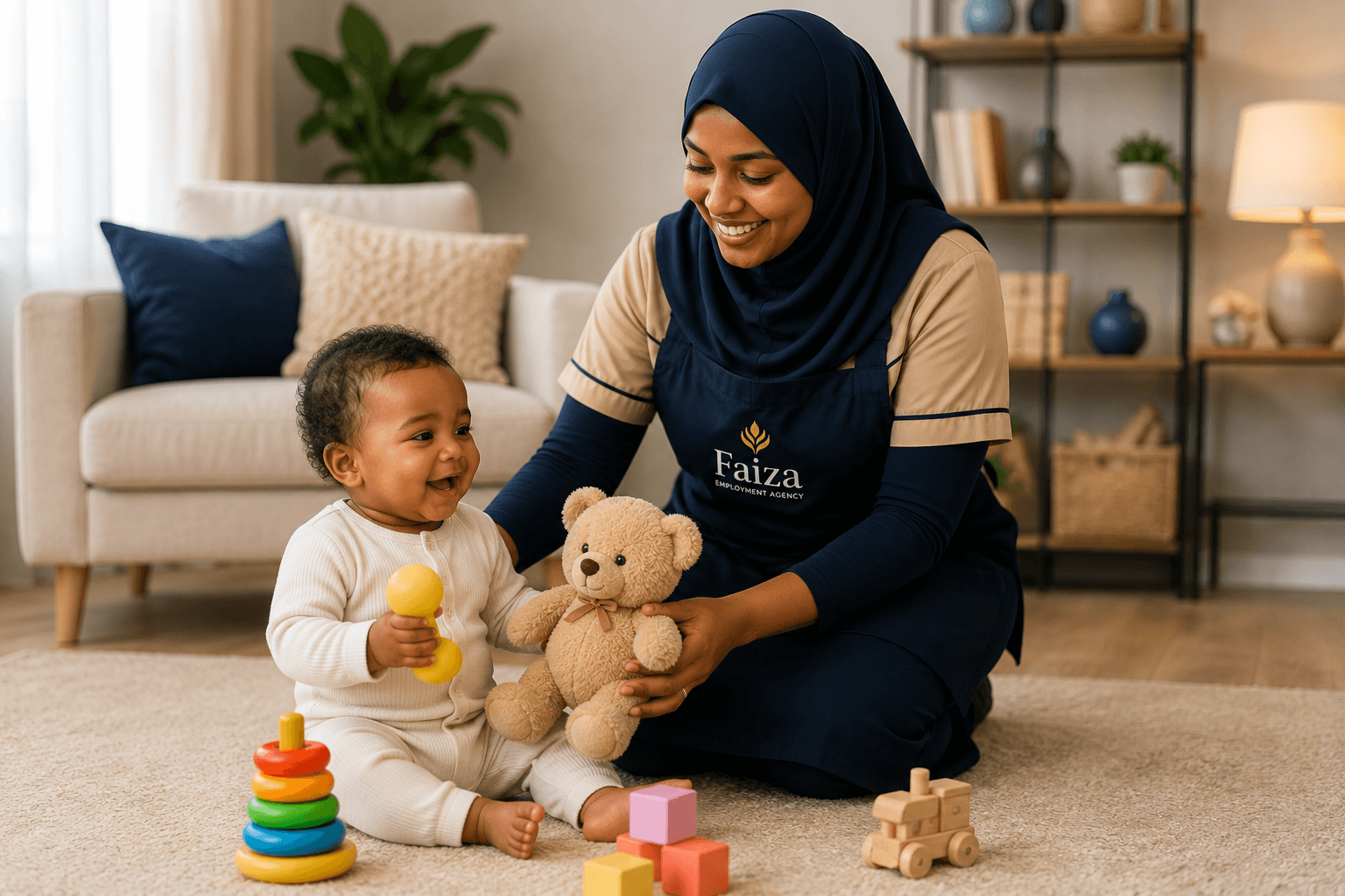 Fayza childcare worker playing safely with a young child at home