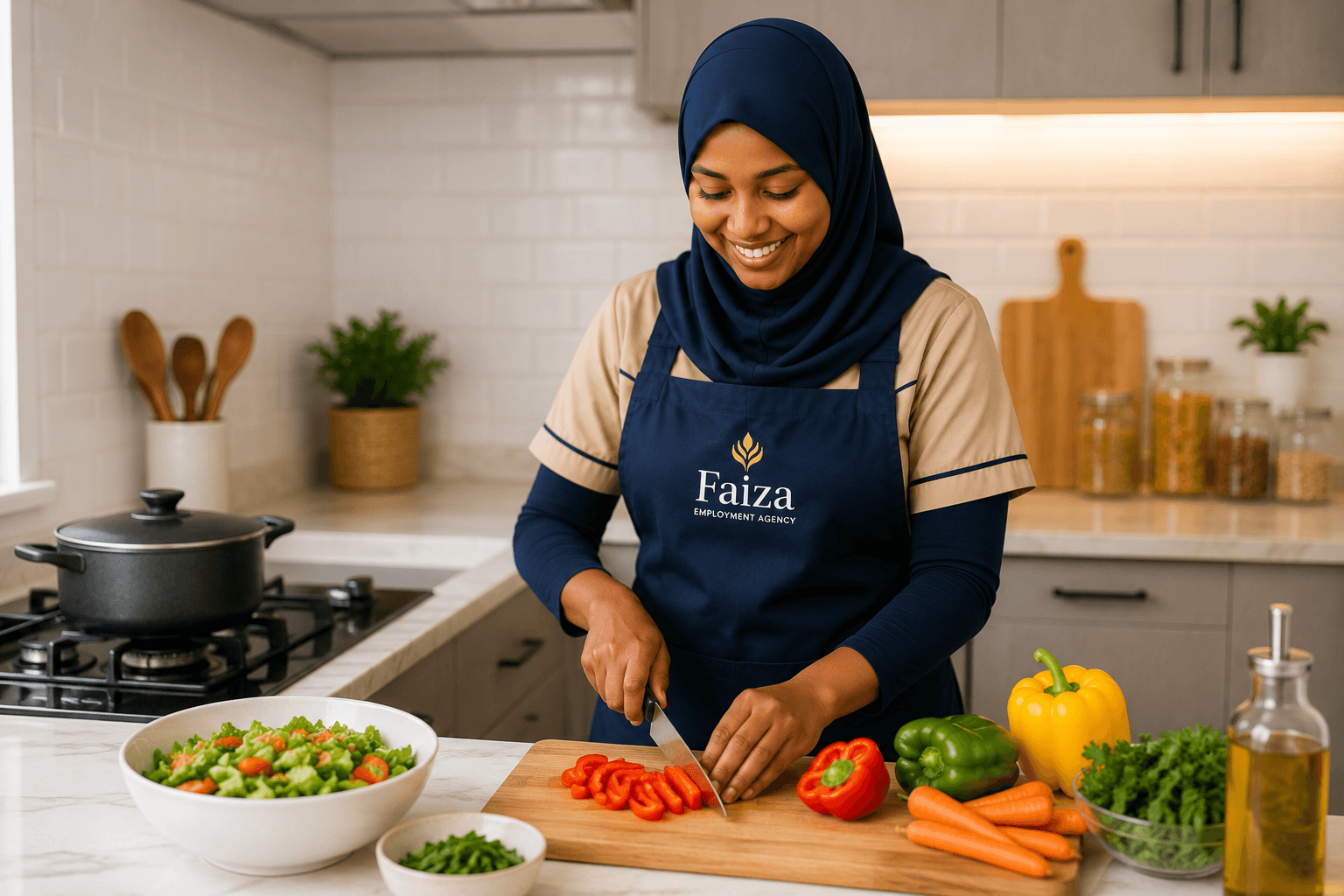 Fayza domestic worker preparing fresh vegetables in a family kitchen